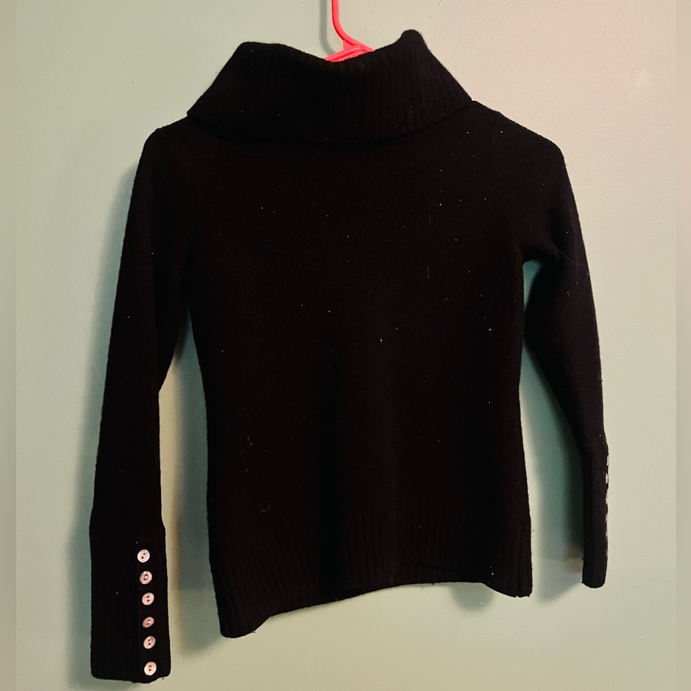 Carole Little Black Cowlneck Button-Sleeve Sweater 100% merino wool